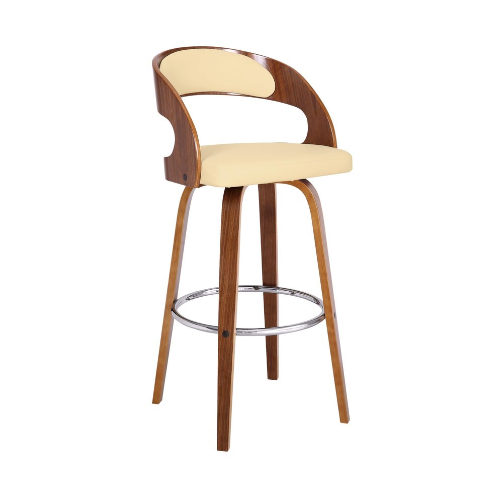 Armen Living Shelly 30" Bar Height Swivel Cream Faux Leather and Walnut Wood Bar Stool