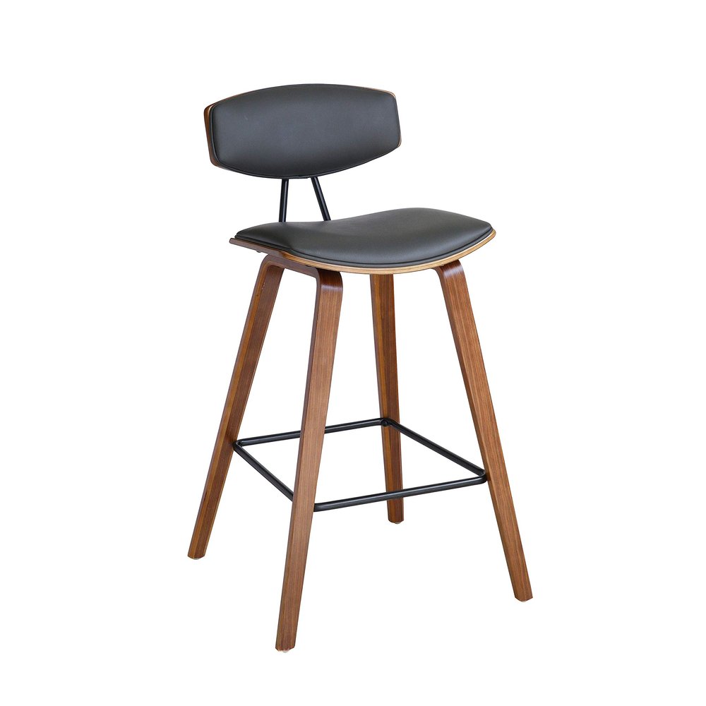 Armen Living Fox 28.5" Bar Height Grey Faux Leather and Walnut Wood Mid-Century Modern Bar Stool