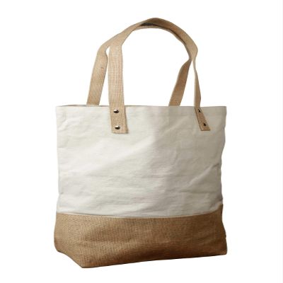 Pack of 12 -Natural Two Tone Jute Bag with Cotton Trim and Jute Handles Size 16"W x 16"H x 5.5"Gusset- CarryGreen Bags