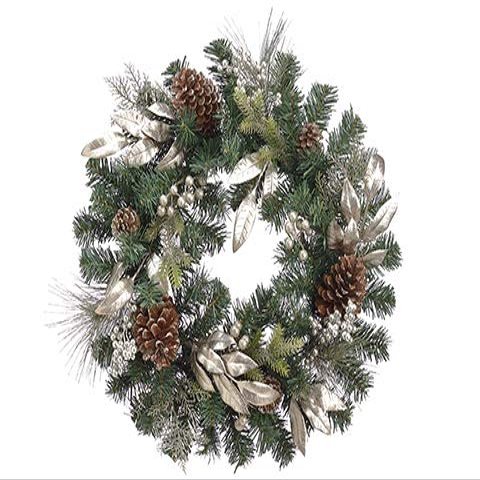 22" Pine Cone/Berry/Leaf/Pine Wreath Godl Champne (Pack of 6)