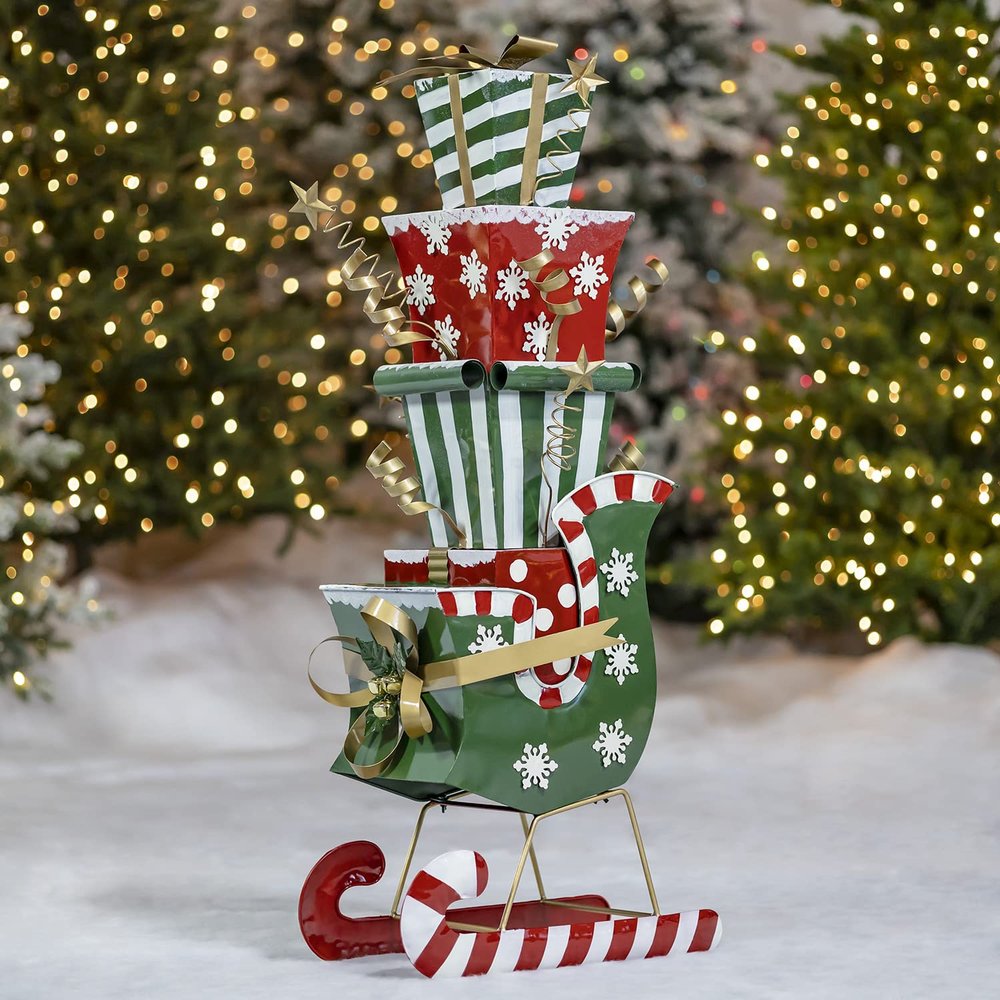 Zaer Ltd. 4ft Tall Metal Christmas Sleigh Filled with Gift Boxes