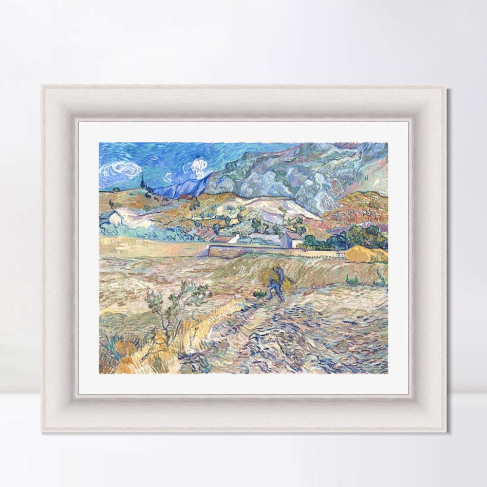 INVIN ART Framed Canvas Art Giclee Print Landscape at Saint-Remy by Vincent Van Gogh Wall Art Living Room Home Office Decorations(Modern Simple White Frame with Mat,20"x24")