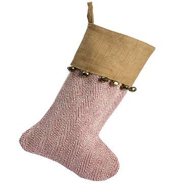 Arcadia Silk Plantation 23" Herringbone Pattern Stocking with Bells Red Beige (Pack of 6)