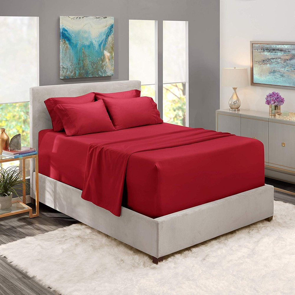 6 Piece Sheet Set 18" - 21" Extra Deep Pocket Fitted Sheet for High Mattress- 1000 Thread Count (Burgundy Solid, Full XXL - 54" x 80") 100% Egyptian Cotton