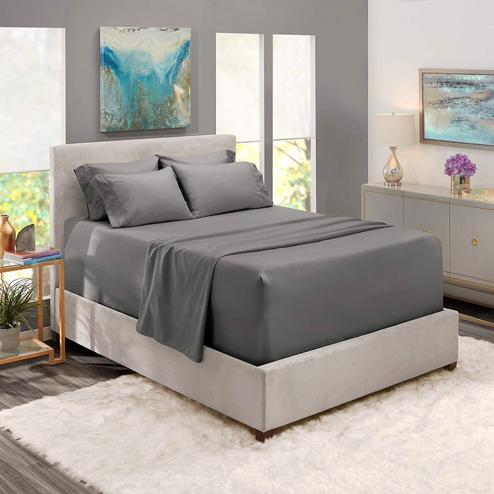 6 Piece Sheet Set 18" - 21" Extra Deep Pocket Fitted Sheet for High Mattress- 1000 Thread Count (Elephant Grey Solid,Twin/Single - 39" x 75") 100% Egyptian Cotton
