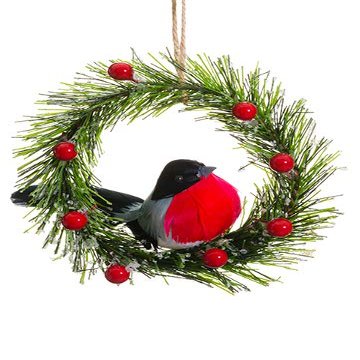 3.5" Bird/Pine Wreath Ornament Red Black (pack of 6)