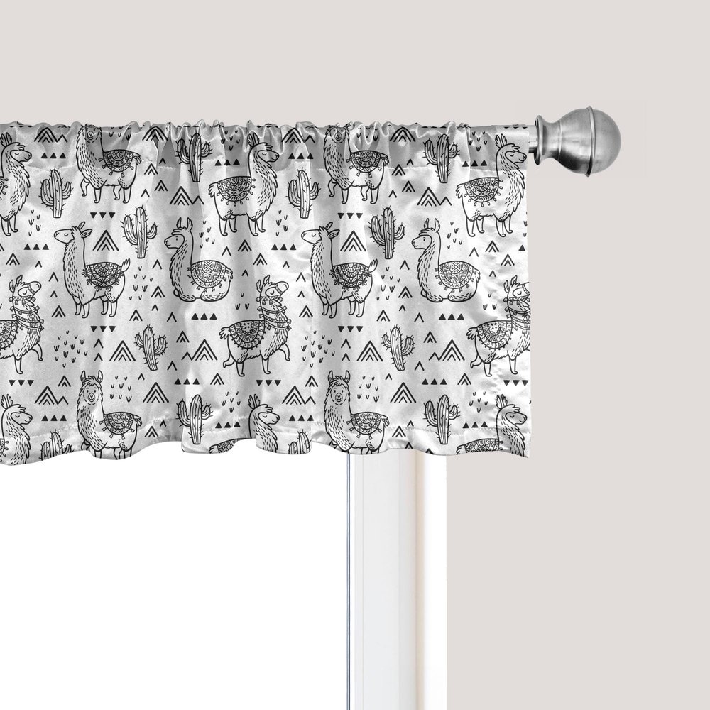 Ambesonne Llama Window Valance, Abstract Triangles Doodle Style Alpacas in Monochrome Cartoon Pattern, Curtain Valance for Kitchen Bedroom Decor with Rod Pocket, 54" X 18", White Charcoal Grey
