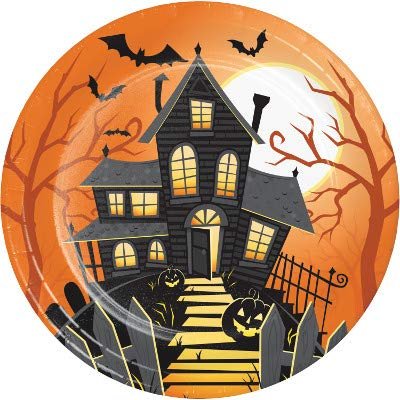 Baxter Distributing Halloween Party Decorations, Halloween Haunted House Theme Printed 9 Inch Round Paper Plate, Box of 96