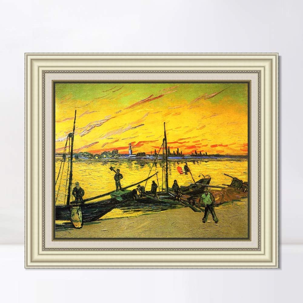 INVIN ART Framed Canvas Art Giclee Print Coal Barges, 1888 by Vincent Van Gogh Wall Art Living Room Home Office Decorations(Beige Color Frame with Linen Liner,20"x24")