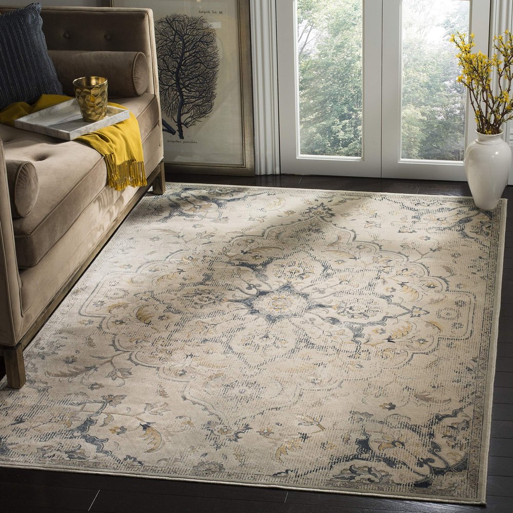 SAFAVIEH Vintage Collection Accent Rug - 3'3" x 4'7", Cream & Light Blue, Traditional Oriental Distressed Viscose Design, Ideal for High Traffic Areas in Entryway, Living Room, Bedroom (VTG144-7446)