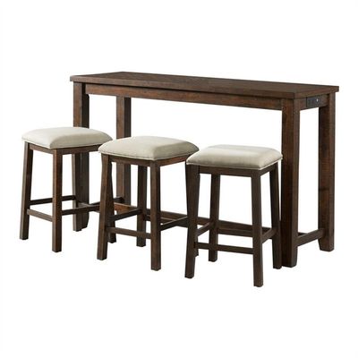 BOWERY HILL Dex Multipurpose Home Kitchen Dining Nook Bar Living Room Sofa Table Set with 3 Upholstered Stools,Chairs in Dark Walnut and Taupe Fabric