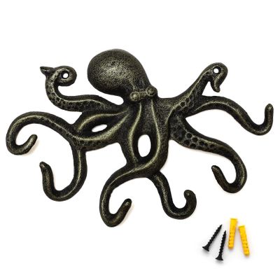 ChasBete Key Holder for Wall, Octopus Wall Hooks Decorative for Hanging, Cast Iron Coat Hooks/Towel Hooks with 6 arms - Bronze
