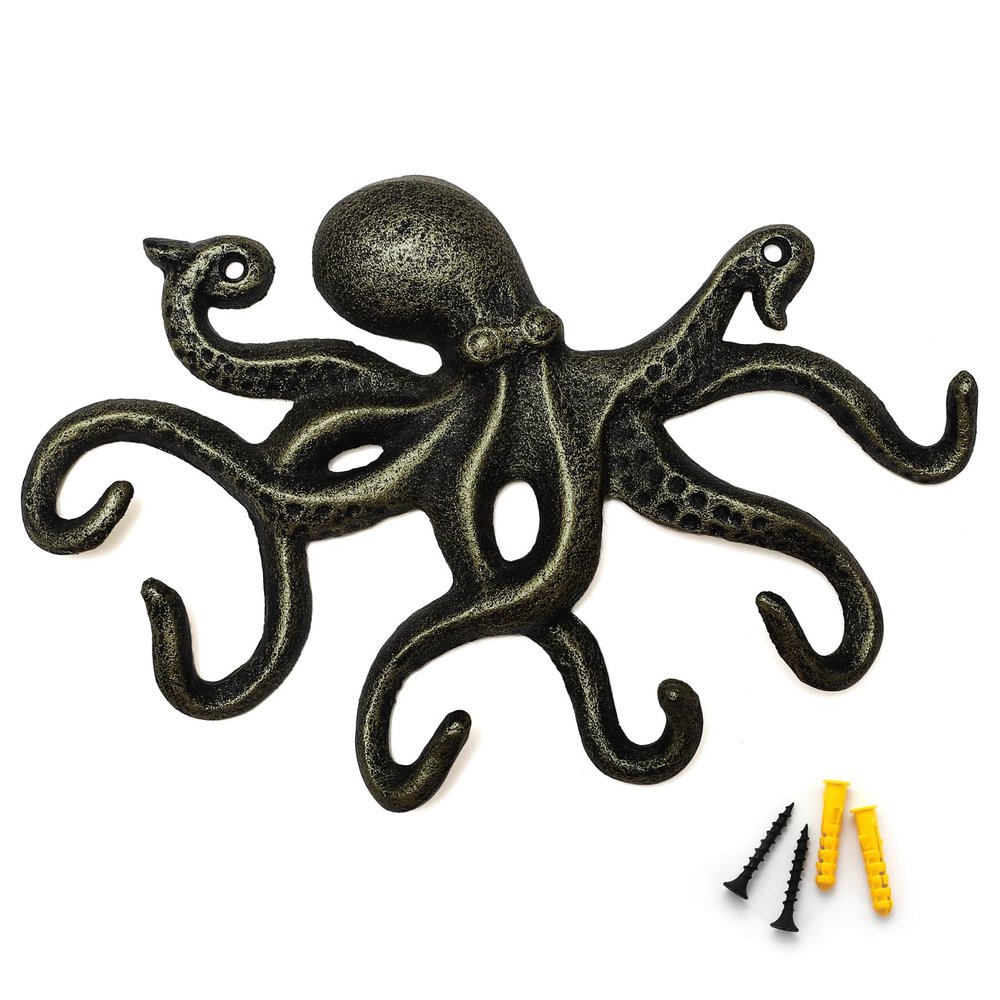 ChasBete Key Holder for Wall, Octopus Wall Hooks Decorative for Hanging, Cast Iron Coat Hooks/Towel Hooks with 6 arms - Bronze