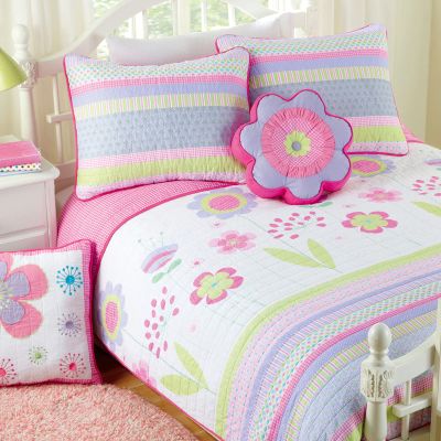 Cozy Line Home Fashions Pink Lavender Green Floral Print Girl 100% Cotton Reversible Quilt Bedding Set, Coverlet, Bedspread (Blossom, Queen - 6 Piece)