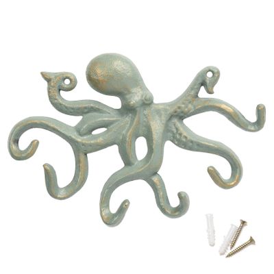ChasBete Octopus Iron Wall Hooks for Hanging, Rustic Decorative Hooks/Key Holder/Coat Hooks/Towel Hooks with 6 arms - Gold Green