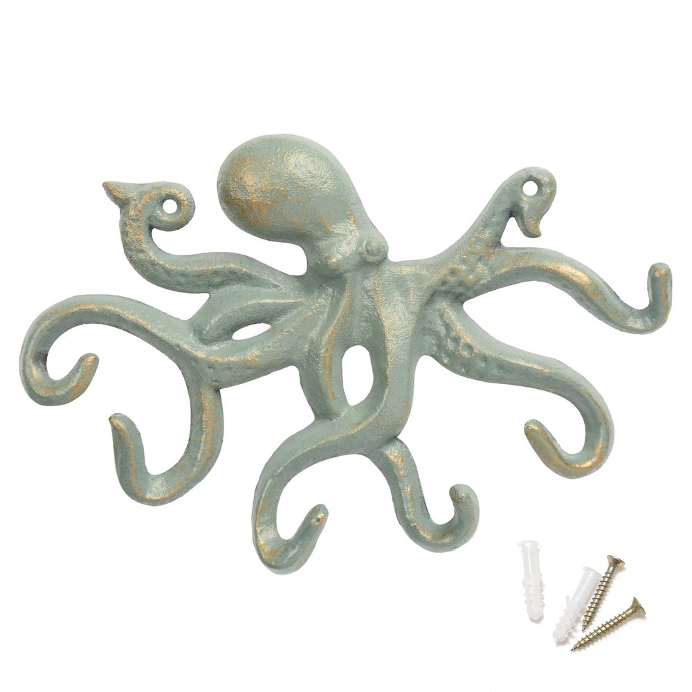 ChasBete Octopus Iron Wall Hooks for Hanging, Rustic Decorative Hooks/Key Holder/Coat Hooks/Towel Hooks with 6 arms - Gold Green