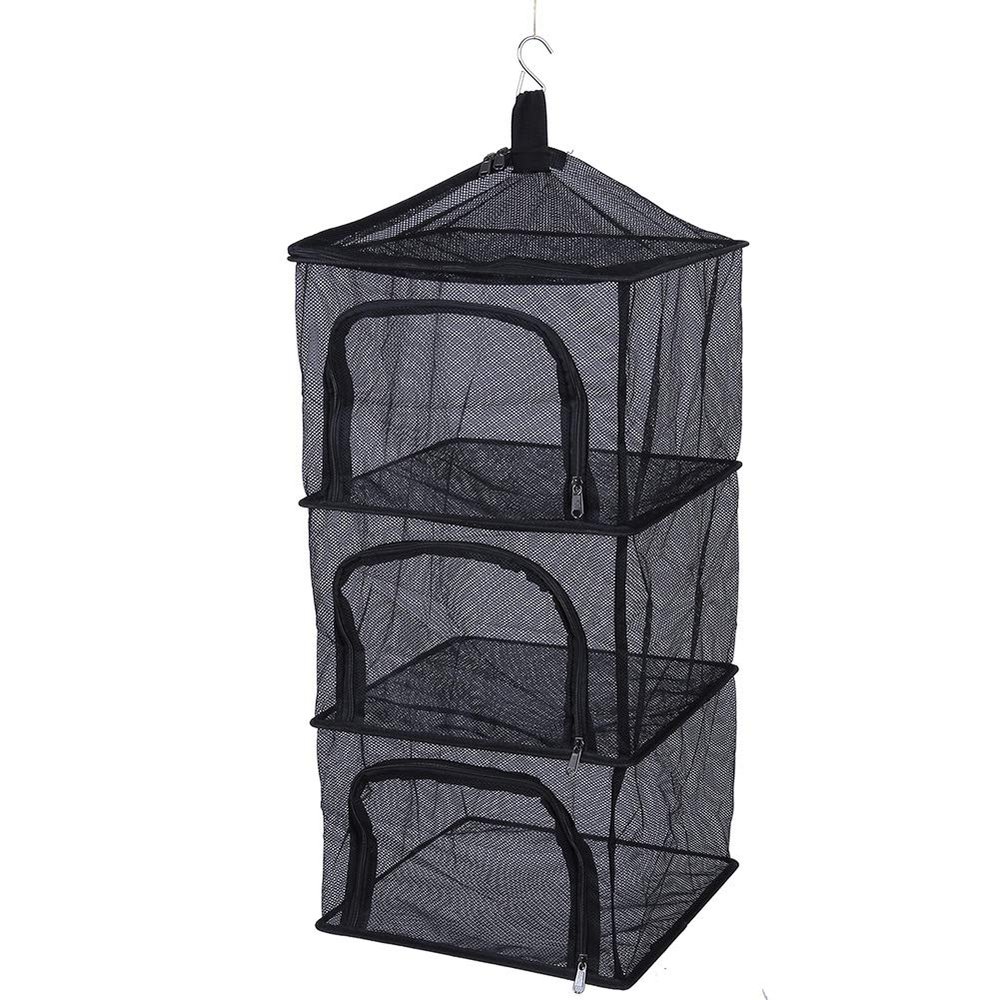 Drying Net Rack, Outdoor Foldable 4 Layers Hanging Shelves Dry Rack Net Zipper Opening Mesh Netting Food Dehydrator