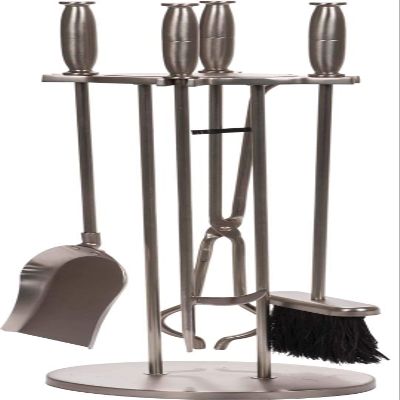 Dagan Five Piece Fireplace Tool Set - 28 Inch Tall, Pewter Finished Steel Fireplace Tools with Stand, Brush, Fire Poker, Ash Shovel, and Fire Tongs, Traditional Design (DG-7632)