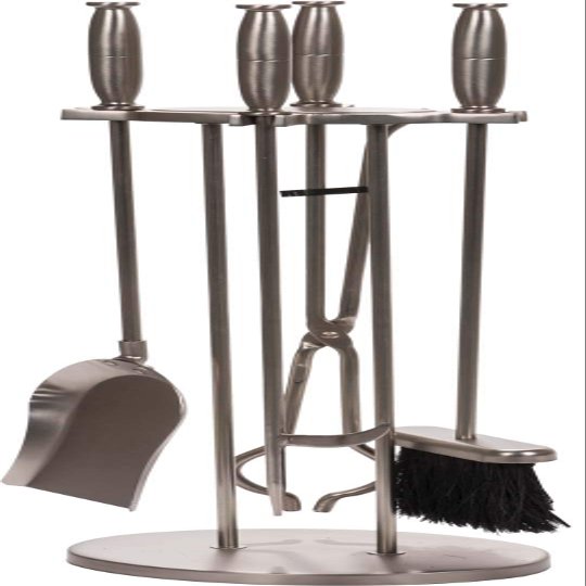 Dagan Five Piece Fireplace Tool Set - 28 Inch Tall, Pewter Finished Steel Fireplace Tools with Stand, Brush, Fire Poker, Ash Shovel, and Fire Tongs, Traditional Design (DG-7632)
