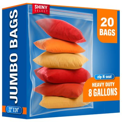 Shiny Select 8-Gallon Extra Large Zipper Storage Bags, 22x24, 20 Count Resealable Plastic Zip Bag, 2 Mil Thick for Organizing Linen, Pillows, Blanket, Bedding, Tools, Curtains, Big Toys, Moving