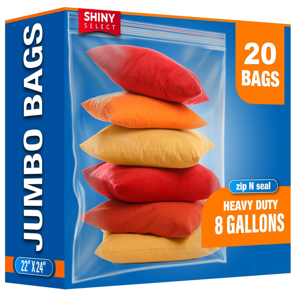 Shiny Select 8-Gallon Extra Large Zipper Storage Bags, 22x24, 20 Count Resealable Plastic Zip Bag, 2 Mil Thick for Organizing Linen, Pillows, Blanket, Bedding, Tools, Curtains, Big Toys, Moving