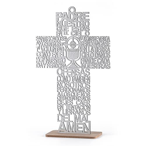 12 Glitter Cross Lady Guadalupe Jesus Guardian JHS Cup Virgin Mary Angel Wood with Stand Laser Cutout Baptism Centerpiece First Communion Quinceaera Party Favors Decor Christening (JHS Silver)