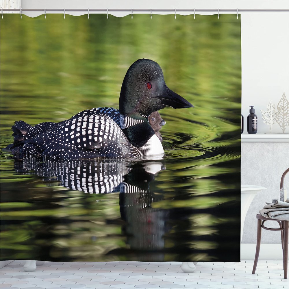 Ambesonne Loon Shower Curtain, Waterbird Swimming in a Lake in Spring Outdoor Scene, Cloth Fabric Bathroom Decor Set with Hooks, 69" W x 84" L, Green Dark Grey