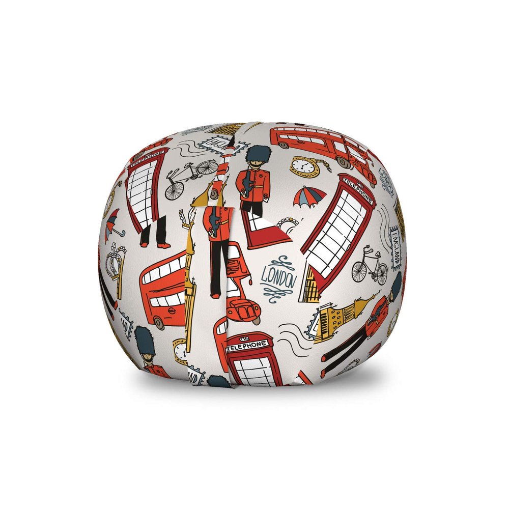 Ambesonne London Storage Toy Bag Chair, Doodle English Crown London Cab Telephone Booth Watch Big Ben Umbrella Bicycle, Stuffed Animal Organizer Washable Bag, Small Size, Grey Red