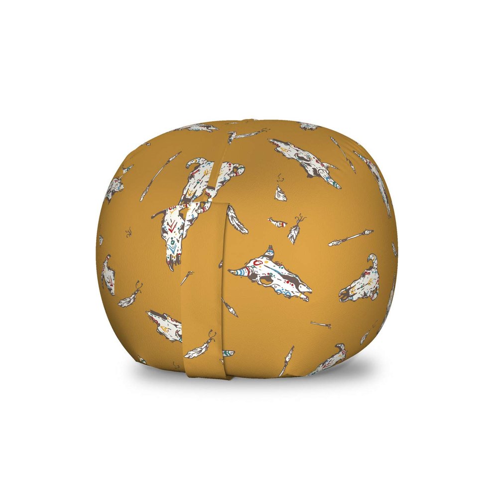 Ambesonne Rodeo Storage Toy Bag Chair, Bohemian Print of Cow Skulls with Retro Element and Feathers Wild West, Stuffed Animal Organizer Washable Bag, Small Size, Coffee White