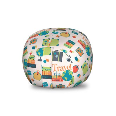 Ambesonne Travel The World Storage Toy Bag Chair, Calligraphy with Colorful Travel Suitcases Luggage and an Earth Globe, Stuffed Animal Organizer Washable Bag, Small Size, Green Aqua