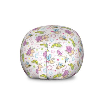 Ambesonne Cartoon Storage Toy Bag Chair, Caterpillar Dragonfly Bees Flowers Joyful Summer Themed Print on Striped Back, Stuffed Animal Organizer Washable Bag, Large Size, Multicolor