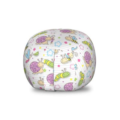 Ambesonne Cartoon Storage Toy Bag Chair, Caterpillar Dragonfly Bees Flowers Joyful Summer Themed Print on Striped Back, Stuffed Animal Organizer Washable Bag, Small Size, Multicolor