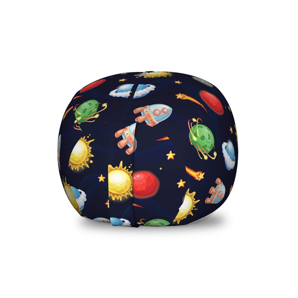 Ambesonne Space Storage Toy Bag Chair, Cartoon Style Cosmos Themed Illustration Sun with Stars Planets and Space Rocket, Stuffed Animal Organizer Washable Bag, Small Size, Midnight Blue