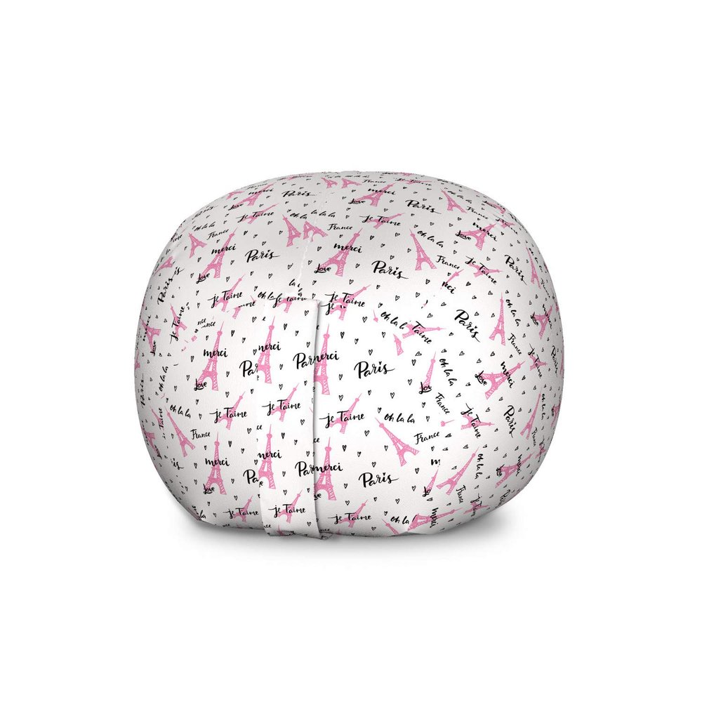 Ambesonne Paris Storage Toy Bag Chair, European Vibes Eiffel Tower with French Words Je Taime Romance Heart, Stuffed Animal Organizer Washable Bag, Large Size, Pink White