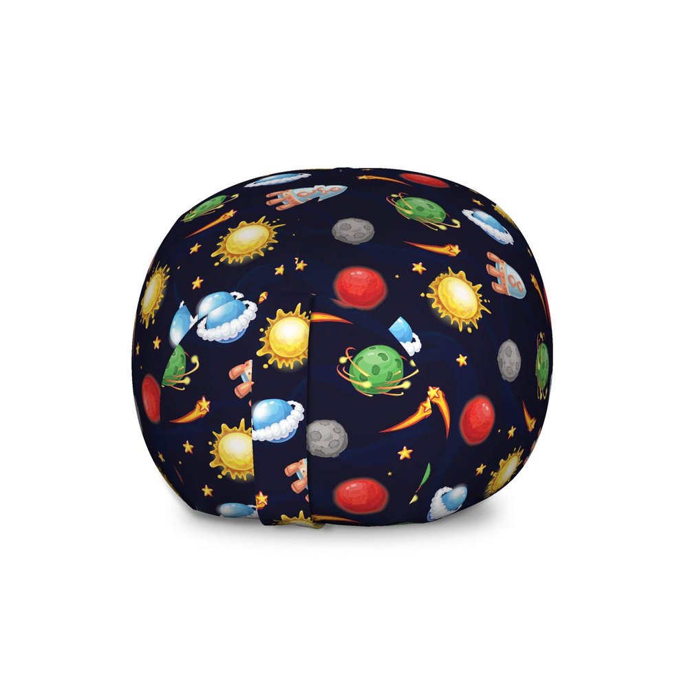 Ambesonne Space Storage Toy Bag Chair, Cartoon Style Cosmos Themed Illustration Sun with Stars Planets and Space Rocket, Stuffed Animal Organizer Washable Bag, Large Size, Midnight Blue