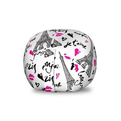 Ambesonne Paris Storage Toy Bag Chair, Eiffel Tower Lipstick Kiss Heart Shape Words Love Touristic Architecture, Stuffed Animal Organizer Washable Bag, Small Size, White Black