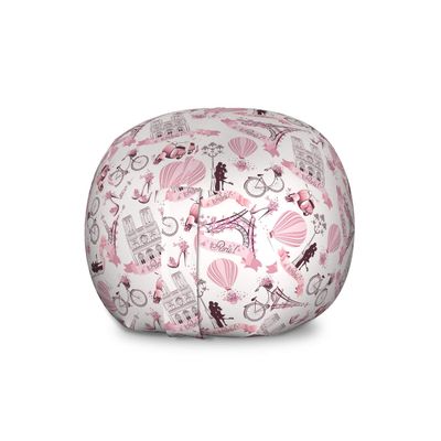 Ambesonne Paris Storage Toy Bag Chair, Valentines Day Theme with Eiffel Kissing Couple Hot Air Balloon Wedding Concept, Stuffed Animal Organizer Washable Bag, Large Size, Pink Rose