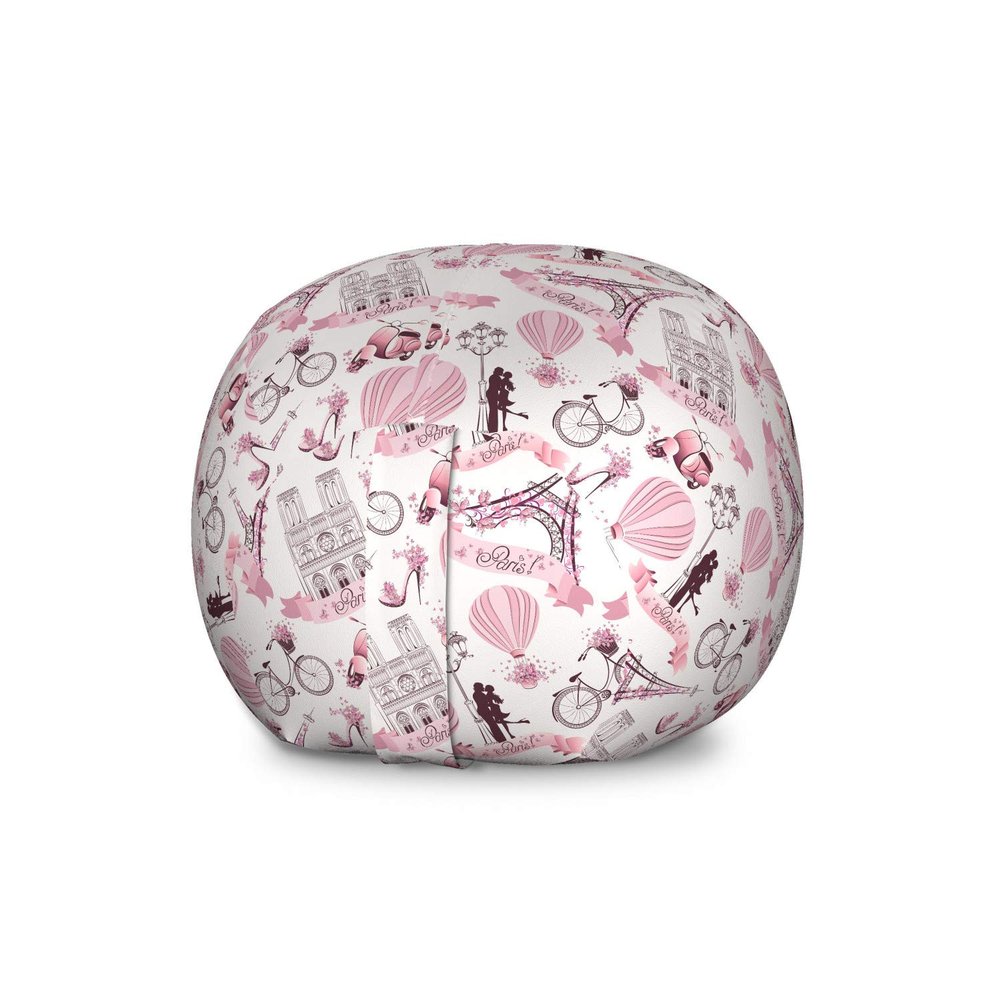 Ambesonne Paris Storage Toy Bag Chair, Valentines Day Theme with Eiffel Kissing Couple Hot Air Balloon Wedding Concept, Stuffed Animal Organizer Washable Bag, Large Size, Pink Rose
