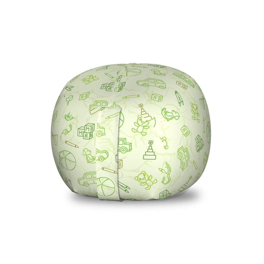 Ambesonne Cartoon Storage Toy Bag Chair, Cartoon Doodle Drawing Style Funny Toys Balls Cars Teddy Bear Crayon Pattern, Stuffed Animal Organizer Washable Bag, Small Size, Pale Green