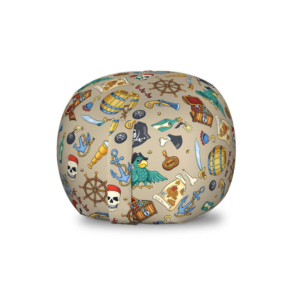 Ambesonne Pirates Storage Toy Bag Chair, Cheerful Sketch Cartoon Pattern with Adventurous Sea Travel Piracy Theme Elements, Stuffed Animal Organizer Washable Bag, Small Size, Tan White