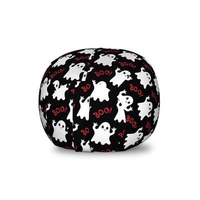 Ambesonne Ghost Storage Toy Bag Chair, Happy Halloween Theme Silly Ghosts on Black Boo Texts Pattern, Stuffed Animal Organizer Washable Bag, Small Size, Vermilion White