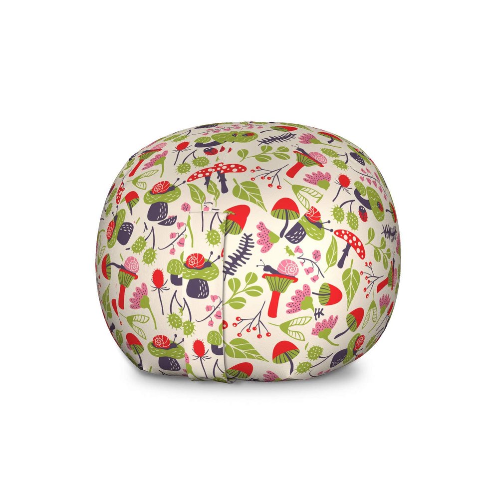 Ambesonne Mushroom Storage Toy Bag Chair, Forest Life Themed Pattern with Ladybird Snail Flower and Leaf Childish Characters, Stuffed Animal Organizer Washable Bag, Large Size, Cream Green