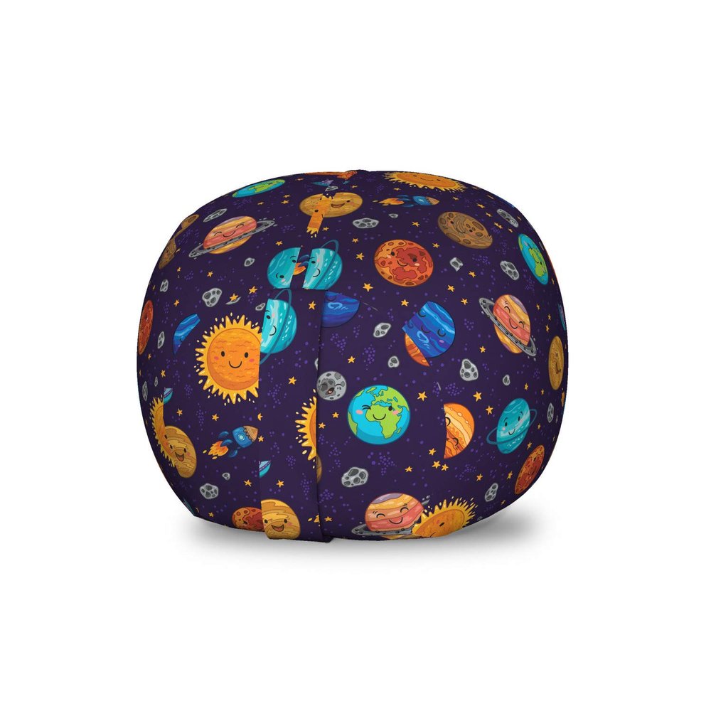Ambesonne Space Storage Toy Bag Chair, Cheerful Kids Planets as Sun Mercury Venus Earth Jupiter Mars with Alien Spaceships, Stuffed Animal Organizer Washable Bag, Small Size, Purple Yellow