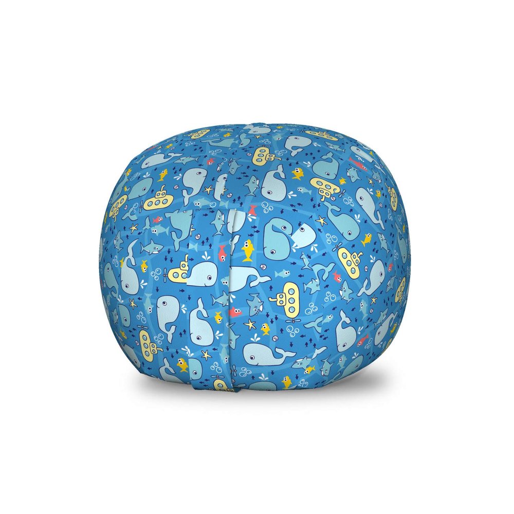 Ambesonne Yellow Submarine Storage Toy Bag Chair, Kids Sharks Whales and Fishes with Submarine Pattern Cartoon, Stuffed Animal Organizer Washable Bag, Small Size, Yellow Blue