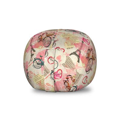 Ambesonne Paris Storage Toy Bag Chair, Landmark of France with Abstract Letterings Bike Hearts Art Print, Stuffed Animal Organizer Washable Bag, Small Size, Blue Pink