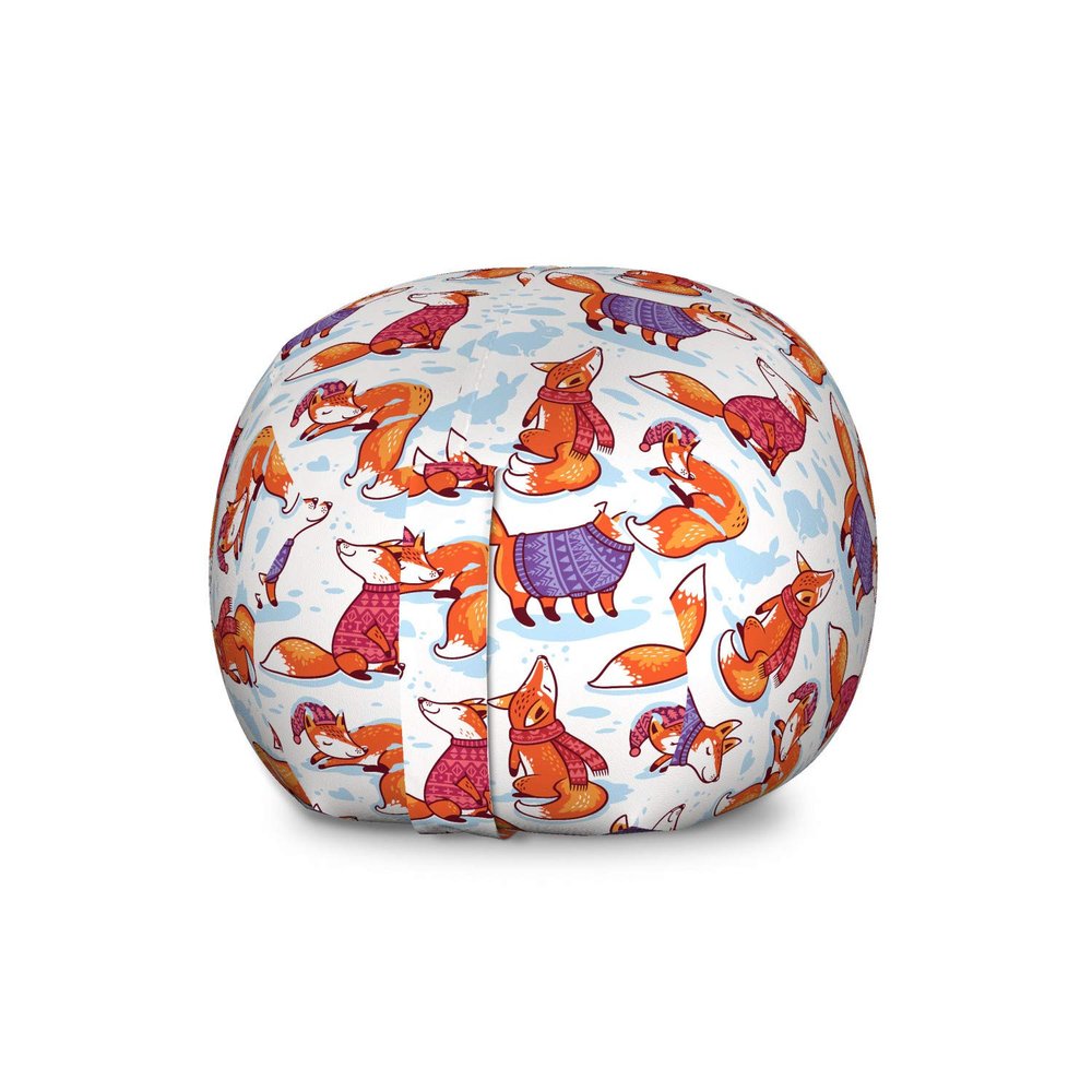 Ambesonne Fox Storage Toy Bag Chair, Snow Foxes with Winter Sweaters and Scarf Cartoon Vulpe Friends in Cozy Environment, Stuffed Animal Organizer Washable Bag, Large Size, White Orange
