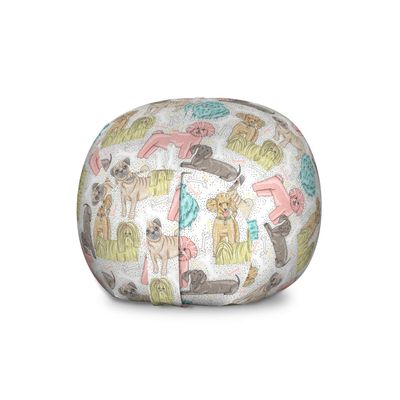 Ambesonne Dogs Storage Toy Bag Chair, Pattern with Little Purebred Puppy Dogs Bichon Pug Spitz Dachshund Poodle Shih Tzu, Stuffed Animal Organizer Washable Bag, Large Size, Pink White