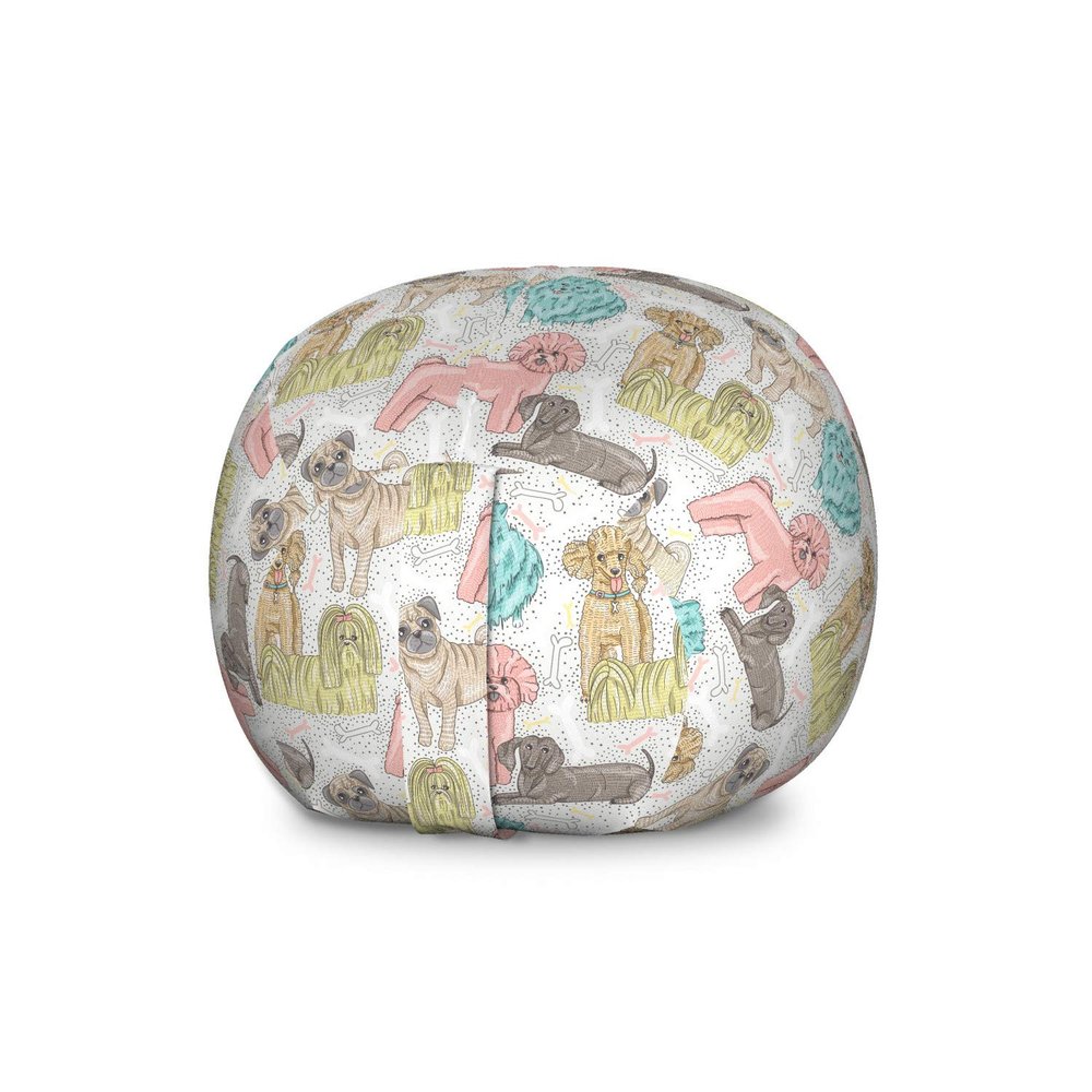 Ambesonne Dogs Storage Toy Bag Chair, Pattern with Little Purebred Puppy Dogs Bichon Pug Spitz Dachshund Poodle Shih Tzu, Stuffed Animal Organizer Washable Bag, Large Size, Pink White