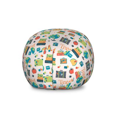 Ambesonne Travel The World Storage Toy Bag Chair, Calligraphy with Colorful Travel Suitcases Luggage and an Earth Globe, Stuffed Animal Organizer Washable Bag, Large Size, Green Aqua
