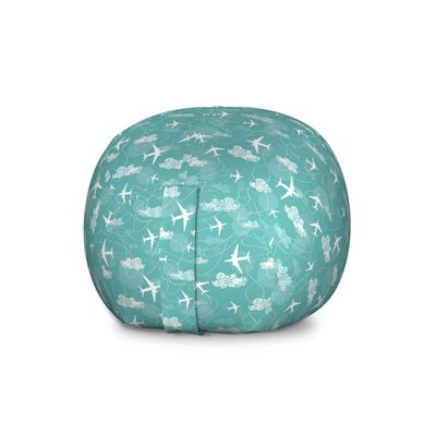 Ambesonne Airplane Storage Toy Bag Chair, Disoriented Flying Jets in Clear Sky with Curly Clouds Travel Vacation Theme, Stuffed Animal Organizer Washable Bag, Large Size, Turquoise White